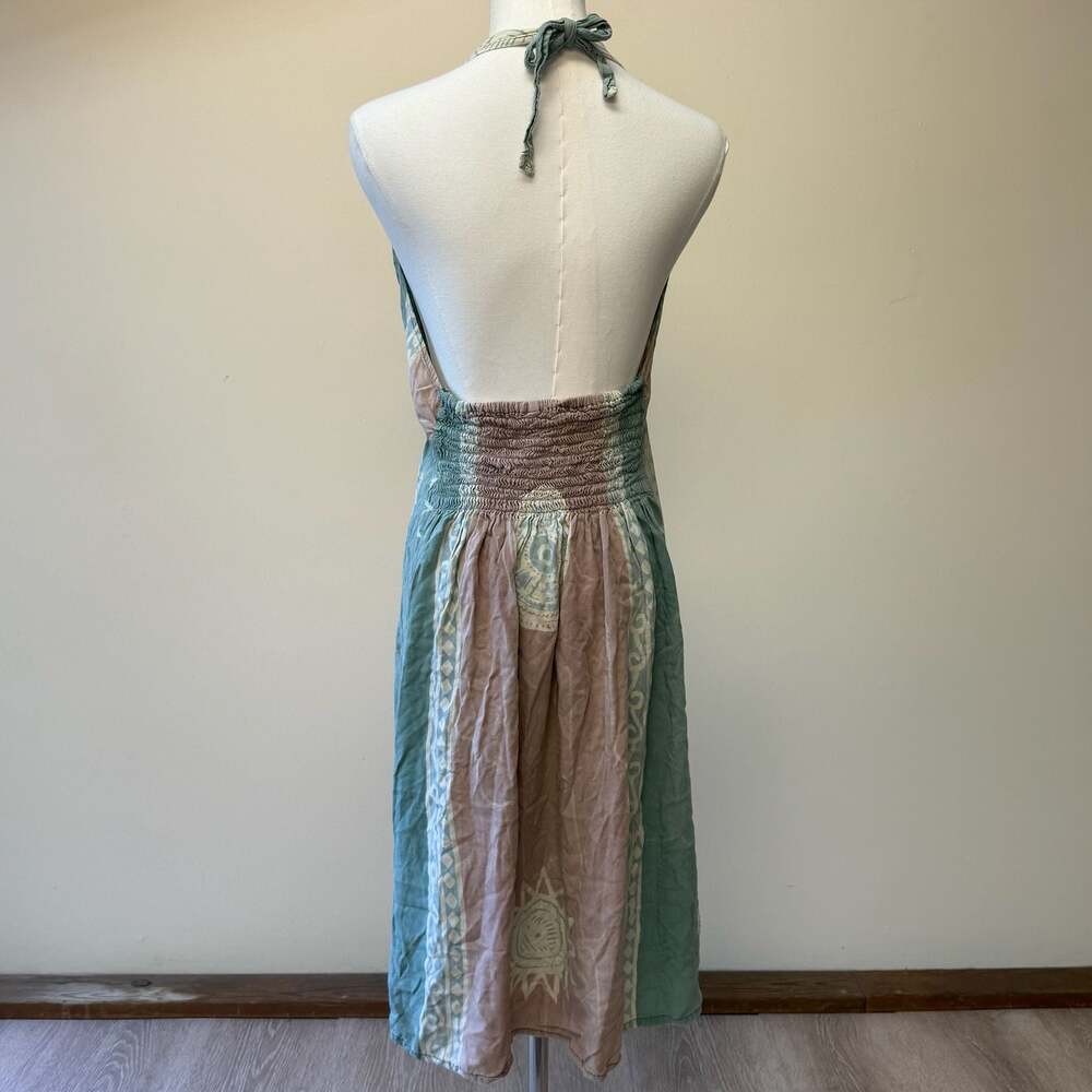 Boho Style Teal and Pink Halter Neck Smocked Back Summer Midi Dress - Picture 4 of 10